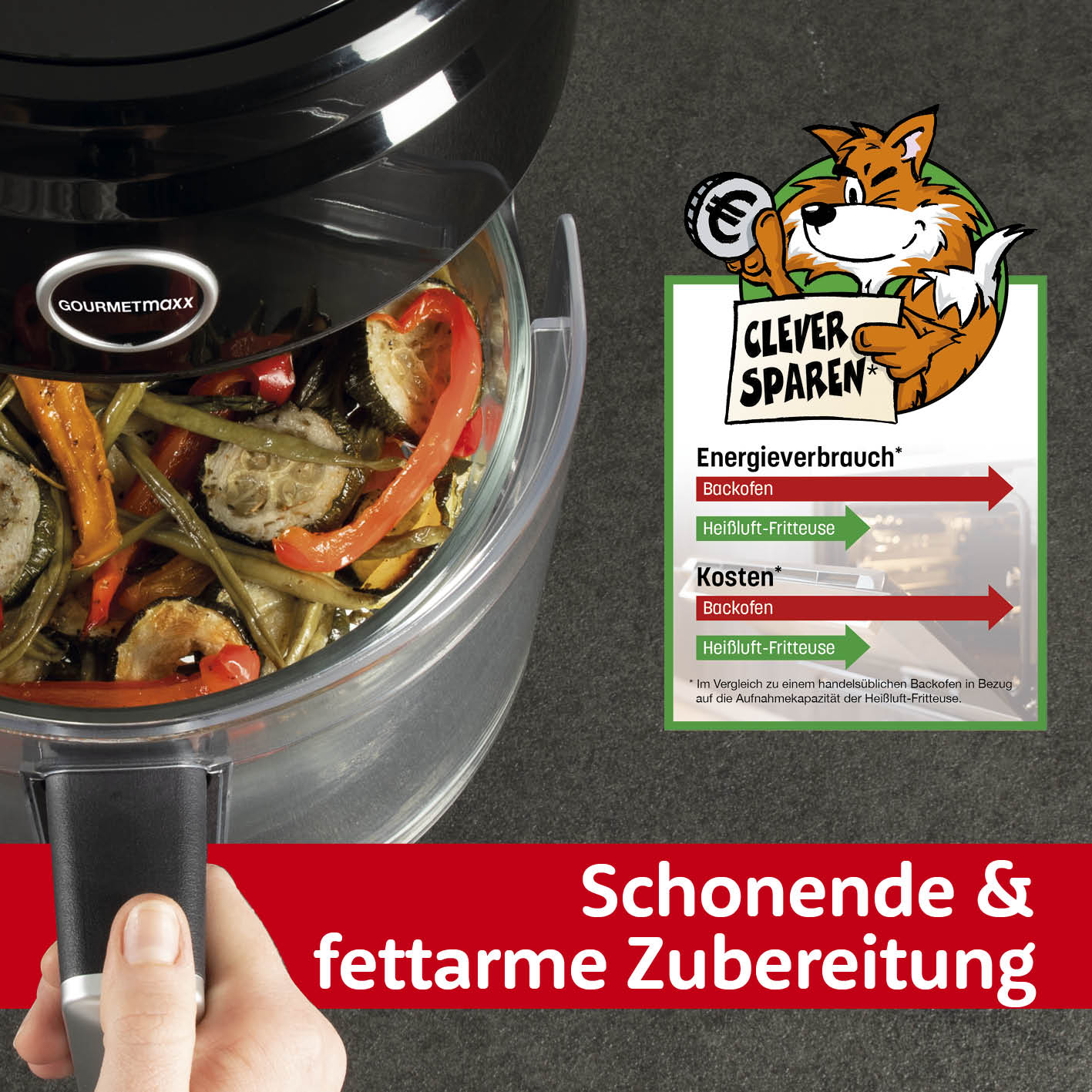 Heißluft-Fritteuse Digital mit Glas-Garkorb 3,3 l schwarz mit digitalem Touch-Display und 60-Minuten-Timer für fettarmes Garen.