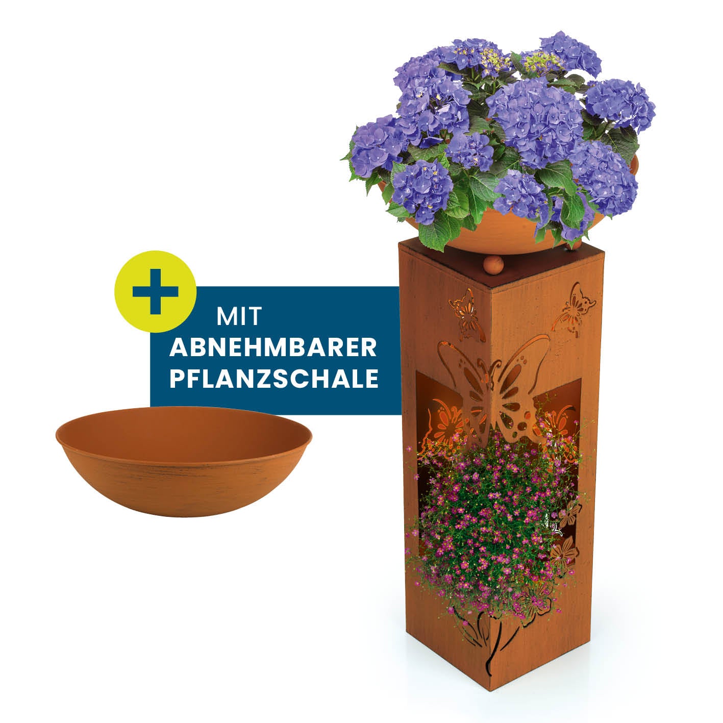 LED Pflanzsäule "Schmetterling" in 3D Rost-Optik mit abnehmbarer Pflanzschale, LED-Beleuchtung, 19 x 19 x 72 cm, dekorativ und witterungsbeständig.