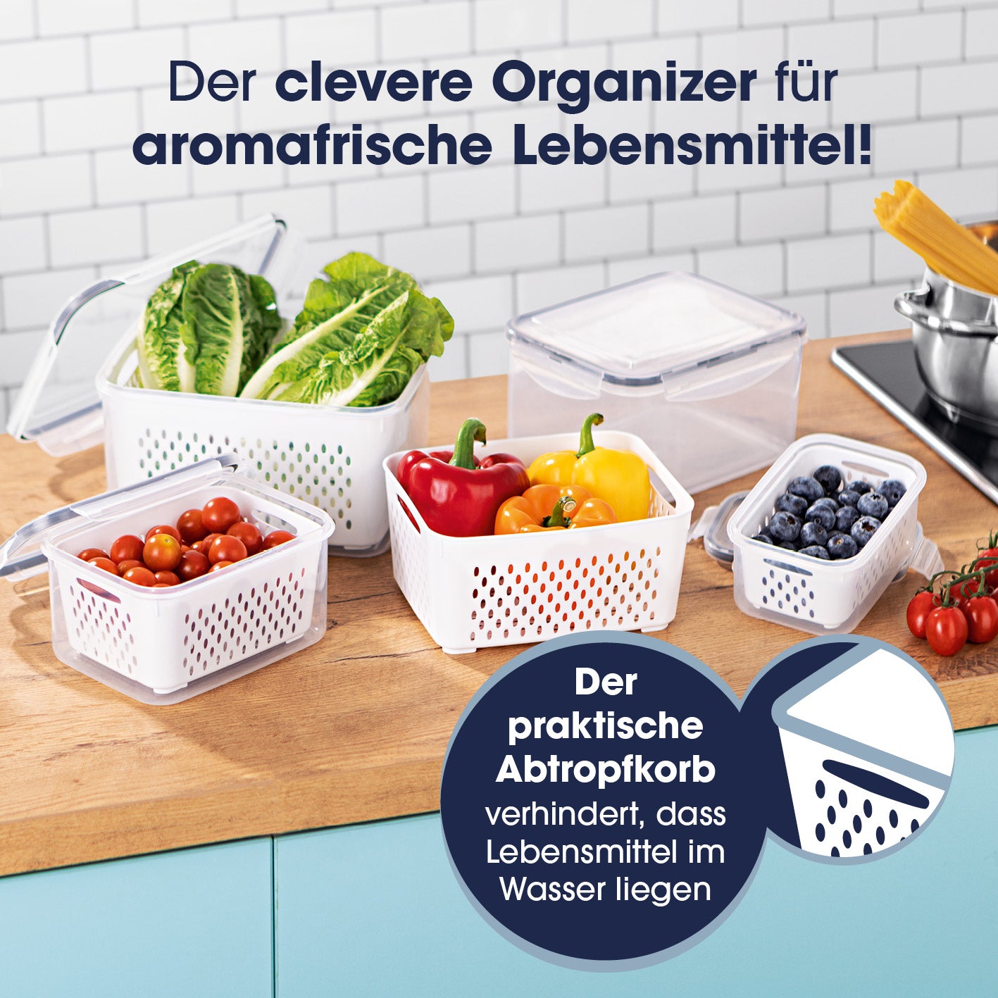 Frischhaltedosen für Kühlschrank mit Abtropfsieb in 4 Größen, luftdicht, auslaufsicher, separat Feuchtigkeit für aromafrische Lebensmittel.