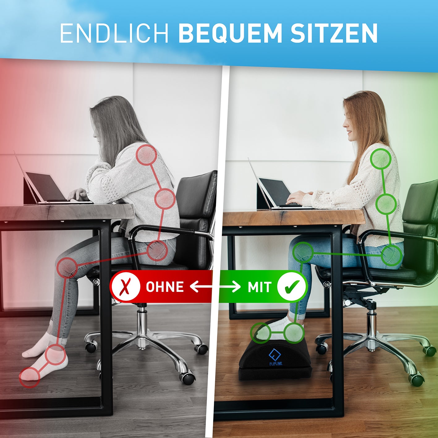 Schreibtisch-Fußstütze Mesh - Schwarz zeigt bessere Sitzhaltung und Komfort durch ergonomische Fußstütze am Arbeitsplatz.