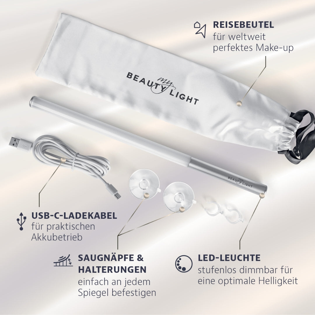 LED-Spiegelleuchte mit Akku von my BEAUTY LIGHT, kabellos mit USB-C-Ladekabel, Saugnäpfen und Reisebeutel für perfektes Make-up.