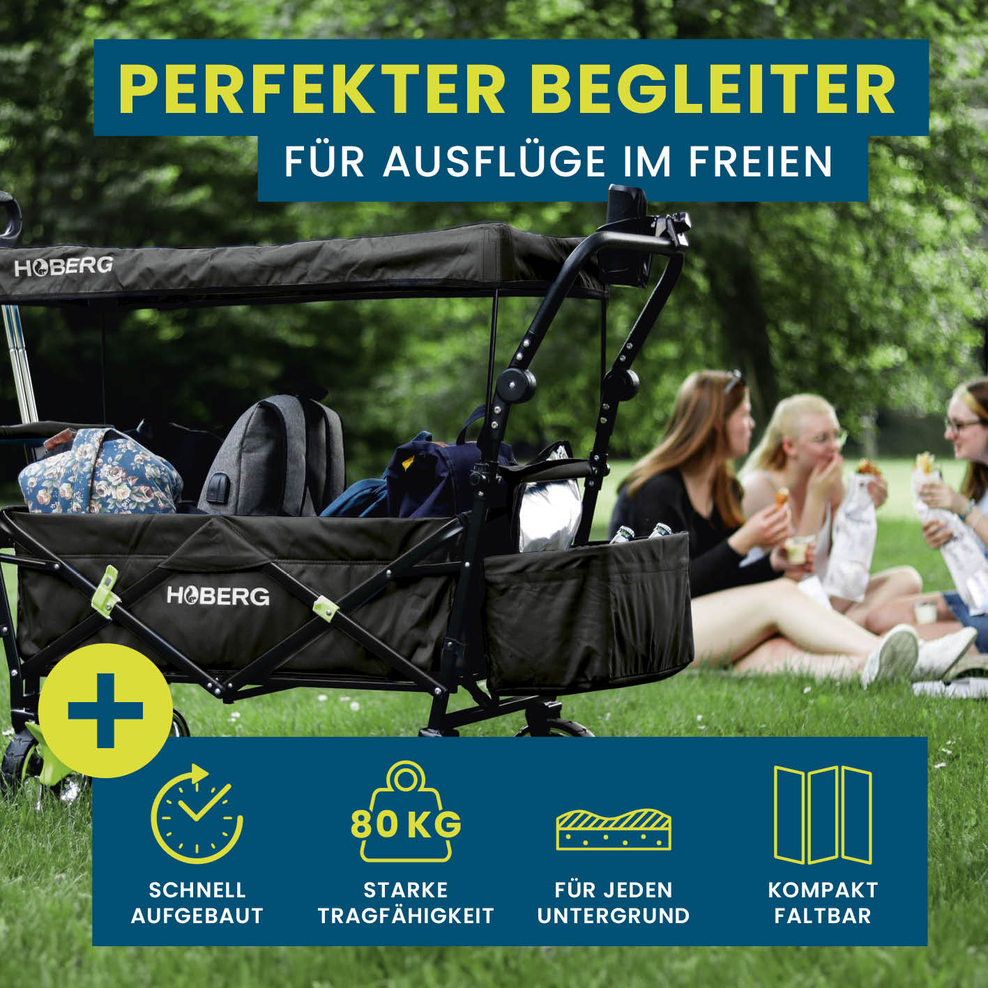 Faltbarer Bollerwagen - Schwarz mit stabilem Nylonbezug, 80 kg Traglast, wasserfestem Dach und praktischem Griff für Ausflüge im Freien.