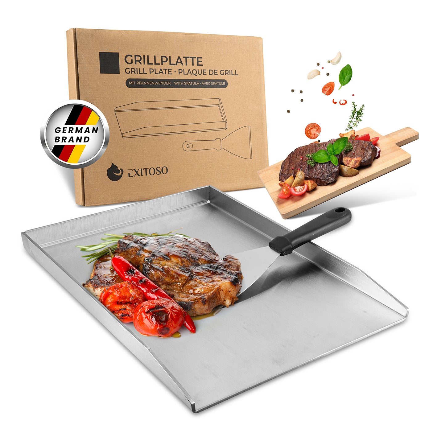 Grillplatte + Grillspachtel - Edelstahl - Universalgröße, robuste, kratzfeste Grillplatte mit Fettabfluss und Grillspachtel für vielseitiges Grillen.