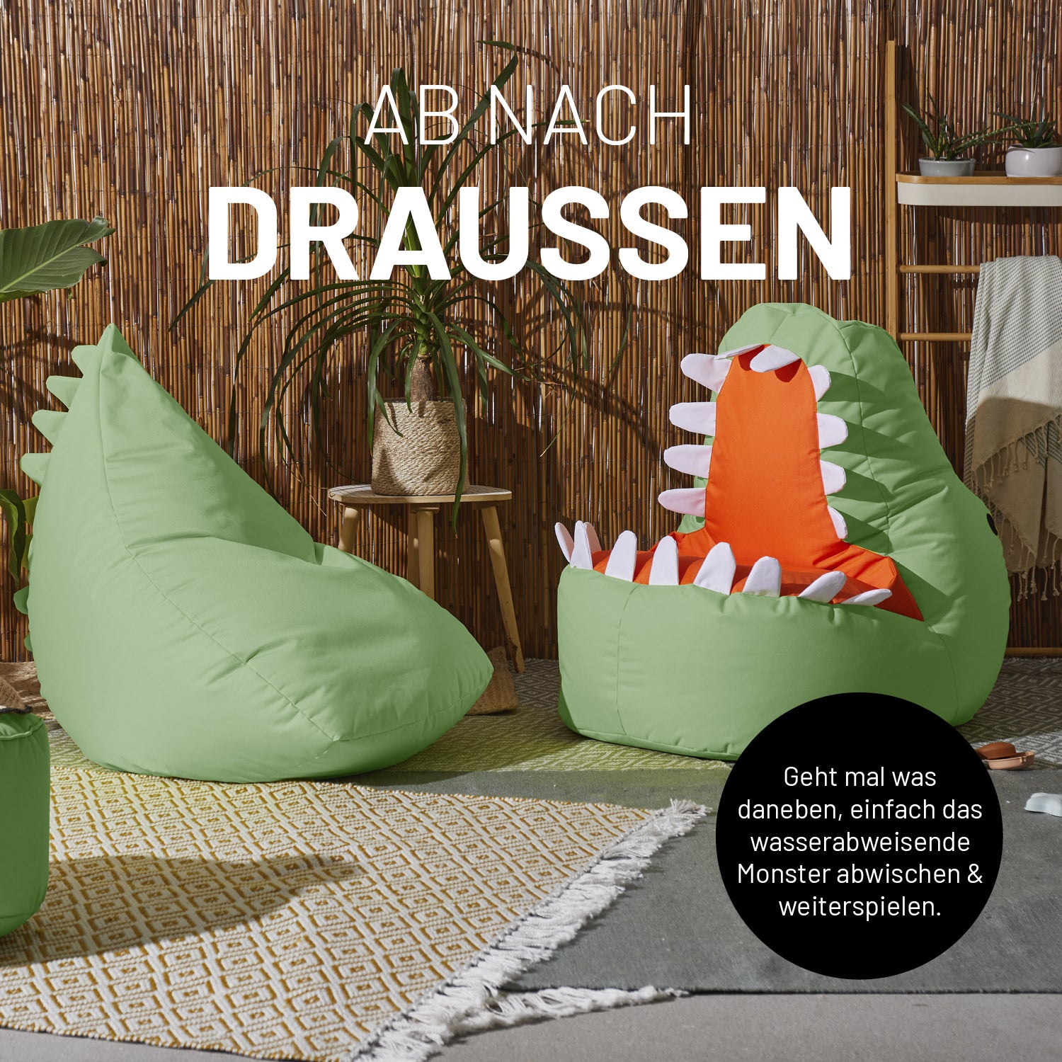 Kindersitzsack-Set "Dino" (2-tlg.) in Pastell Grün, wasserabweisend für drinnen & draußen, inkl. Kopf- und Hinterteil.
