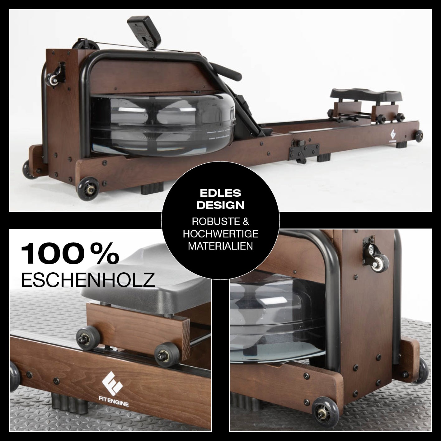 Klappbares Wasser-Rudergerät 2.0 - Dark Brown aus 100 % Eschenholz, klappbar, robust, mit Kinomap-kompatibler Wireless Verbindung.