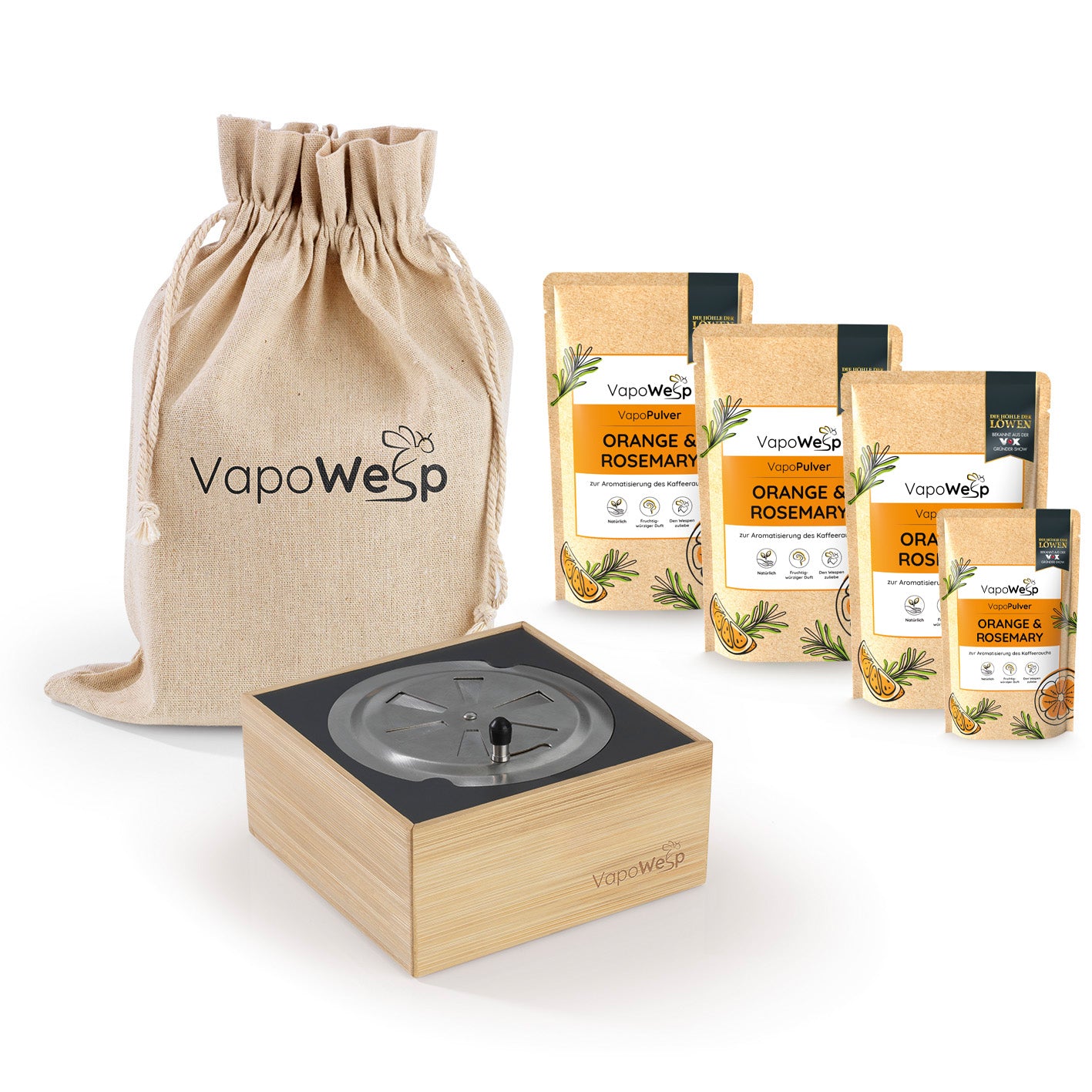 Räucherbox inkl. Orange & Rosemary (3x je 100 g / 1x 50 g) mit Aromapulver und natürlichem Wespenstopp im Holzgehäuse.