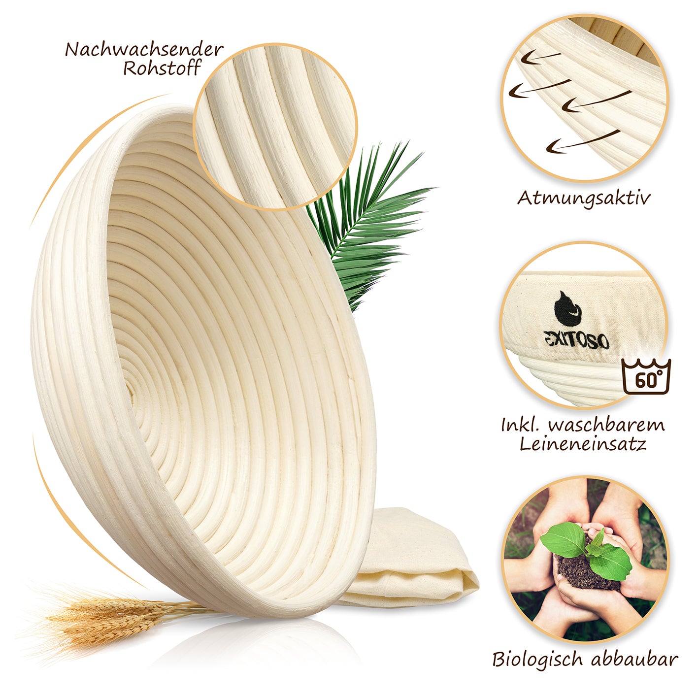 Gärkörbchen zum Brotbacken - Ø 25cm aus Rattan mit atmungsaktivem Leineneinsatz, waschbar und biologisch abbaubar.