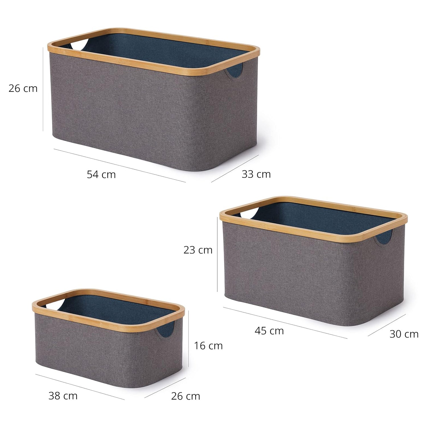 Aufbewahrungsboxen mit Bambus-Rahmen - 3er-Set - Grau-Blau, stapelbar, verschiedene Größen, robust und pflegeleicht von LUMALAND.