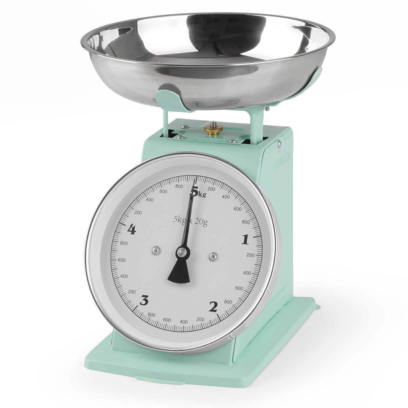 Küchenwaage Retro in Mint, mechanisch bis 5 kg, 20-g-Schritten, Zuwiegefunktion, manuelle Nullstellung ohne Batterien.