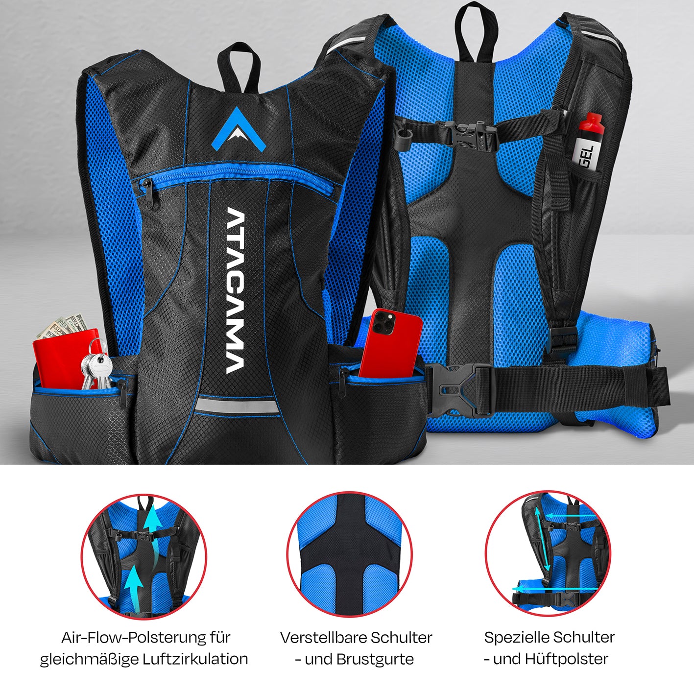 Trinkrucksack für 2 L Trinkblase - Blau mit Air-Flow-Polsterung, verstellbaren Gurten und reflektierenden Elementen für Outdoor-Sportarten.