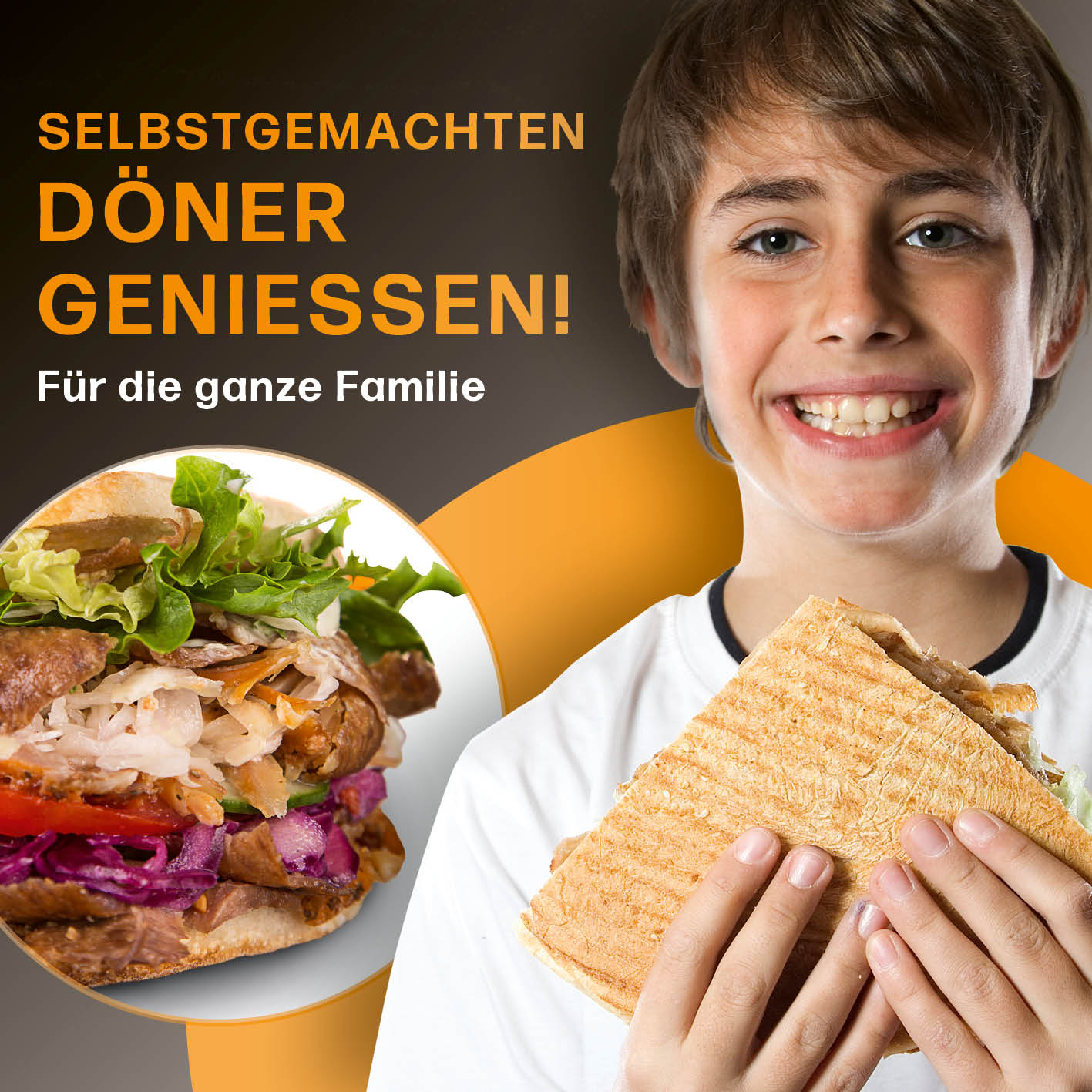 Dönergrill Produktbild mit jungem Jungen, der frisch zubereiteten Döner mit Fleisch und Gemüse isst, für Zuhause und Familie.