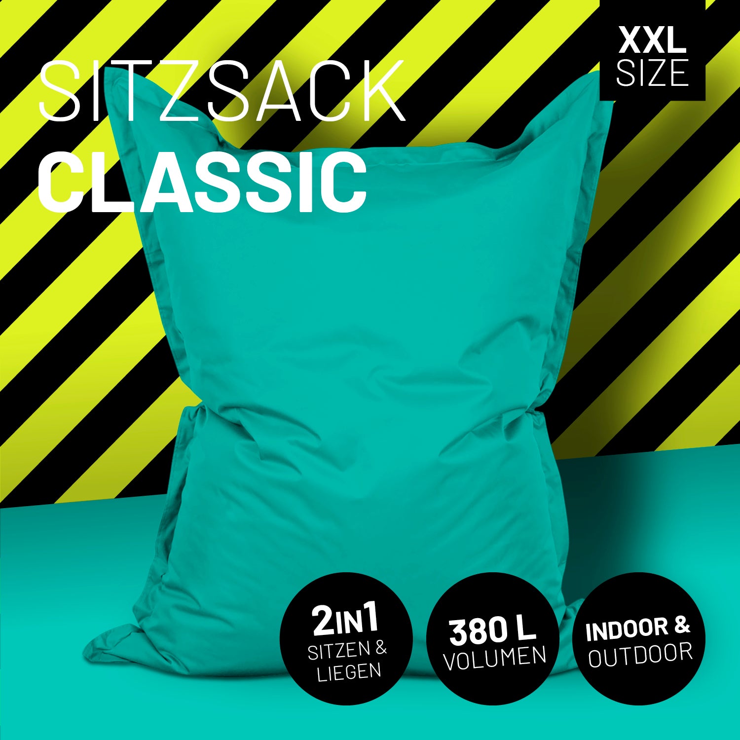 Sitzsack Classic XXL (380 L) Türkis, indoor & outdoor, 2in1 Sitzen und Liegen, pflegeleicht, robust, mit verdecktem Reißverschluss.