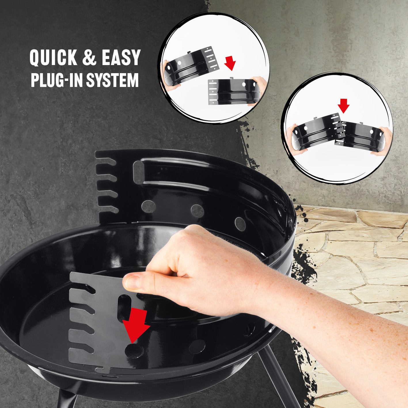 Rundgrill - 30 cm mit schnellem Stecksystem, emaillierter Feuerschüssel und schraubenlosem Windschutz für einfachen Aufbau.