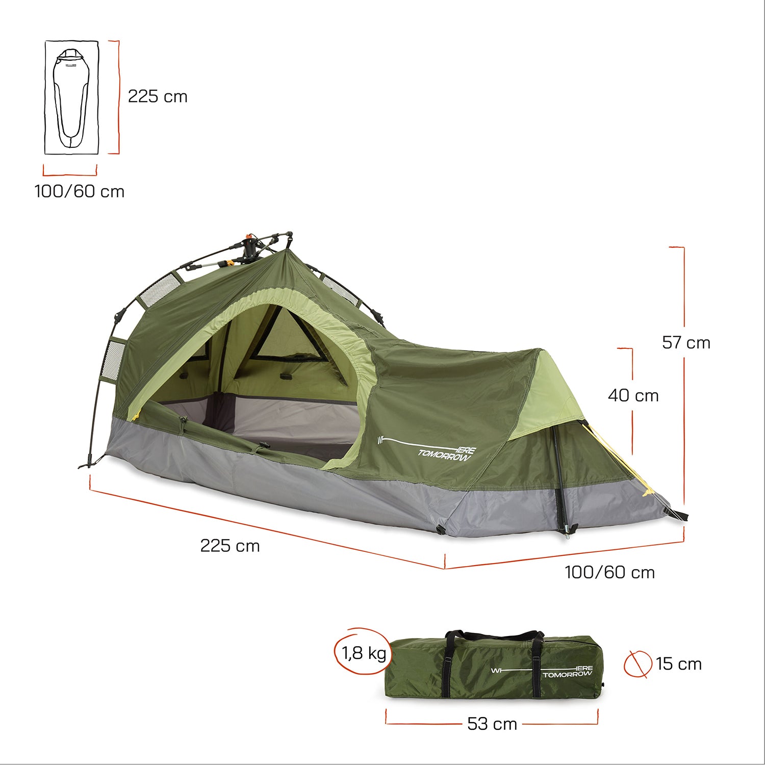 1-Personen-Zelt - Dreieck - 225x100x57 cm - Grün, ultraleicht, schnell aufbaubar, mit Sonnenschutz, Regenschutz und Belüftung von Where Tomorrow.