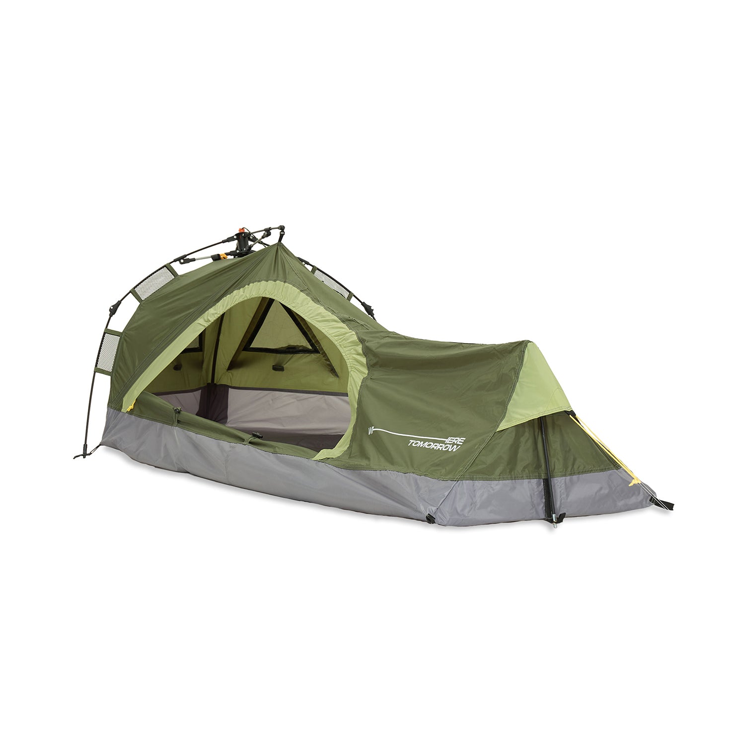 1-Personen-Zelt - Dreieck - 225x100x57 cm - Grün von Where Tomorrow, ultraleicht, mit Lüftungsöffnung und schnellem Quick Up Aufbau.