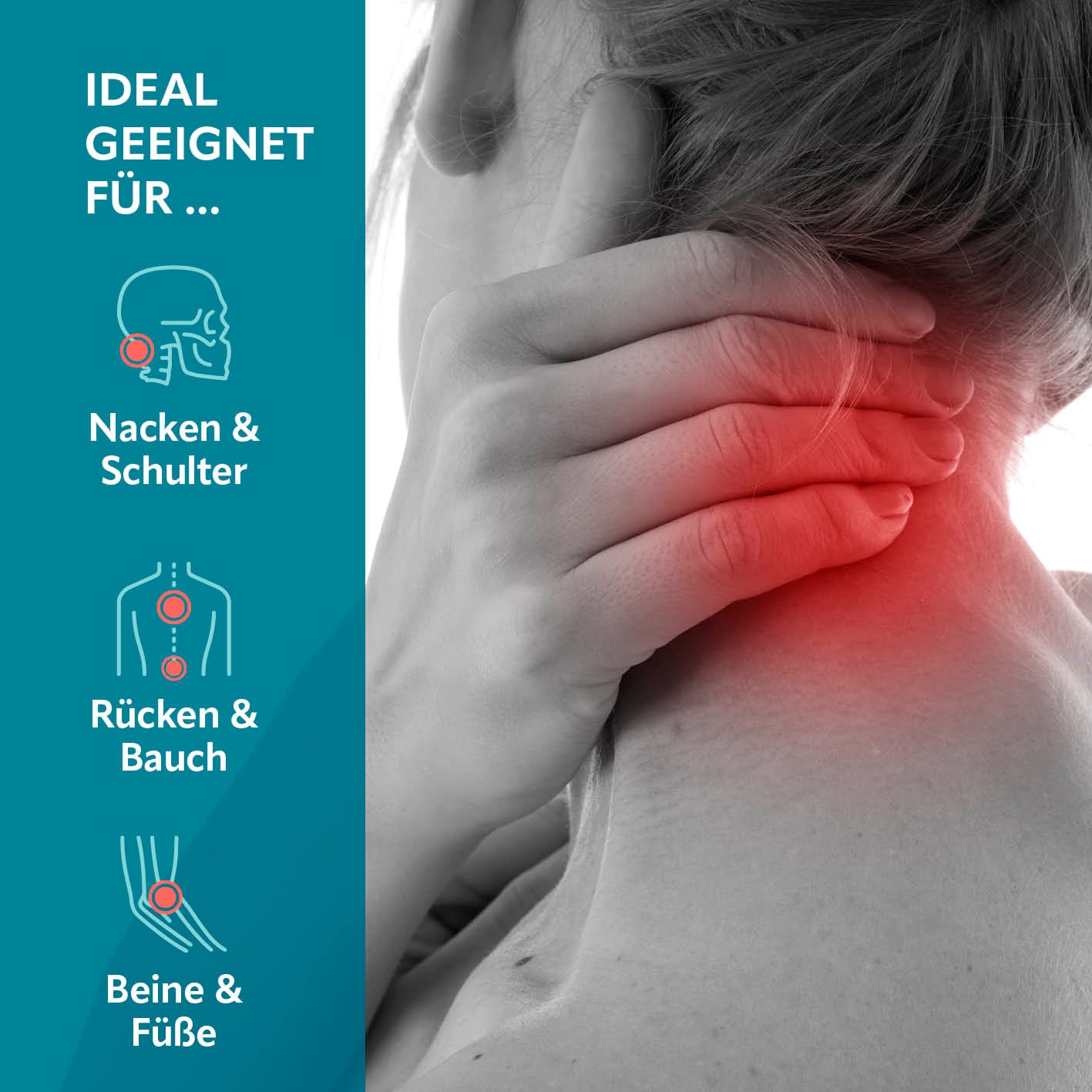 Shiatsu-Massagegerät zeigt Anwendung zur Entspannung an Nacken, Schultern, Rücken, Bauch, Beinen und Füßen.