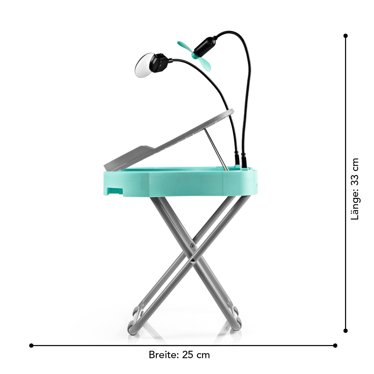 Fußstütze Pediküre Salon Step - mint/weiß mit 5-fach verstellbarer Fußablage, LED-Licht-Lupe und Schublade für Nagelutensilien.