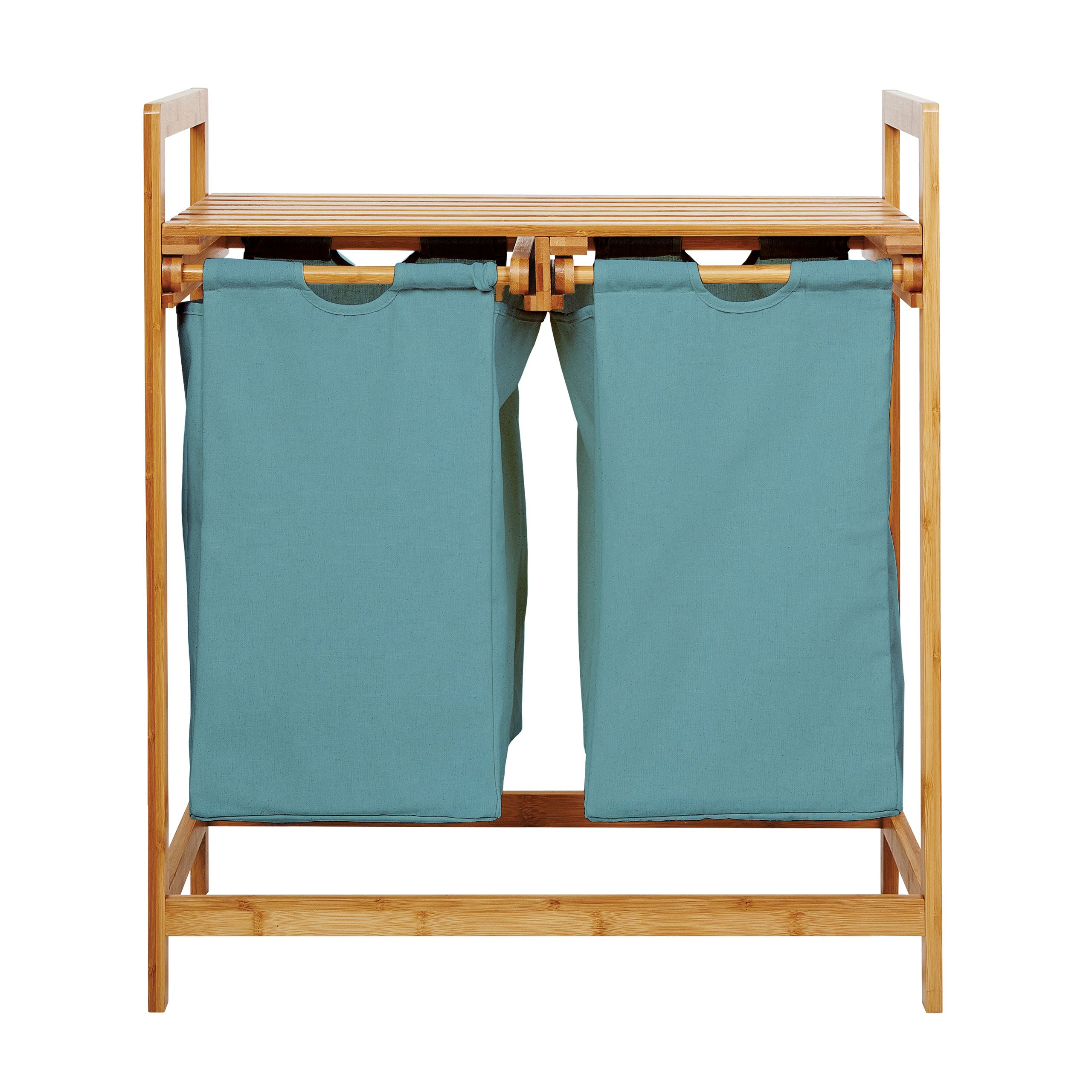 Bambus Wäschekorb mit 2 ausziehbaren Wäschesacken - 73 x 64 x 33 cm - Babyblau, langlebig, pflegeleicht, stilvoll und geräumig.