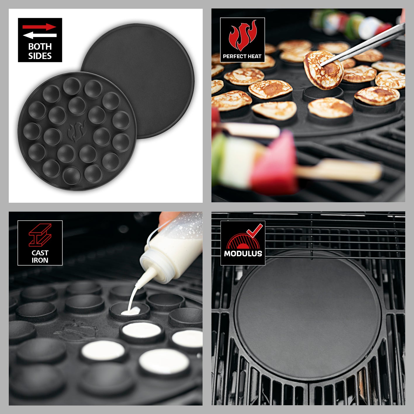 Wendeplatte Modulus - 30 x 39 cm aus schwarzem emailliertem Gusseisen, beidseitig für Poffertjes und Crèpes geeignet, optimale Hitzeverteilung.