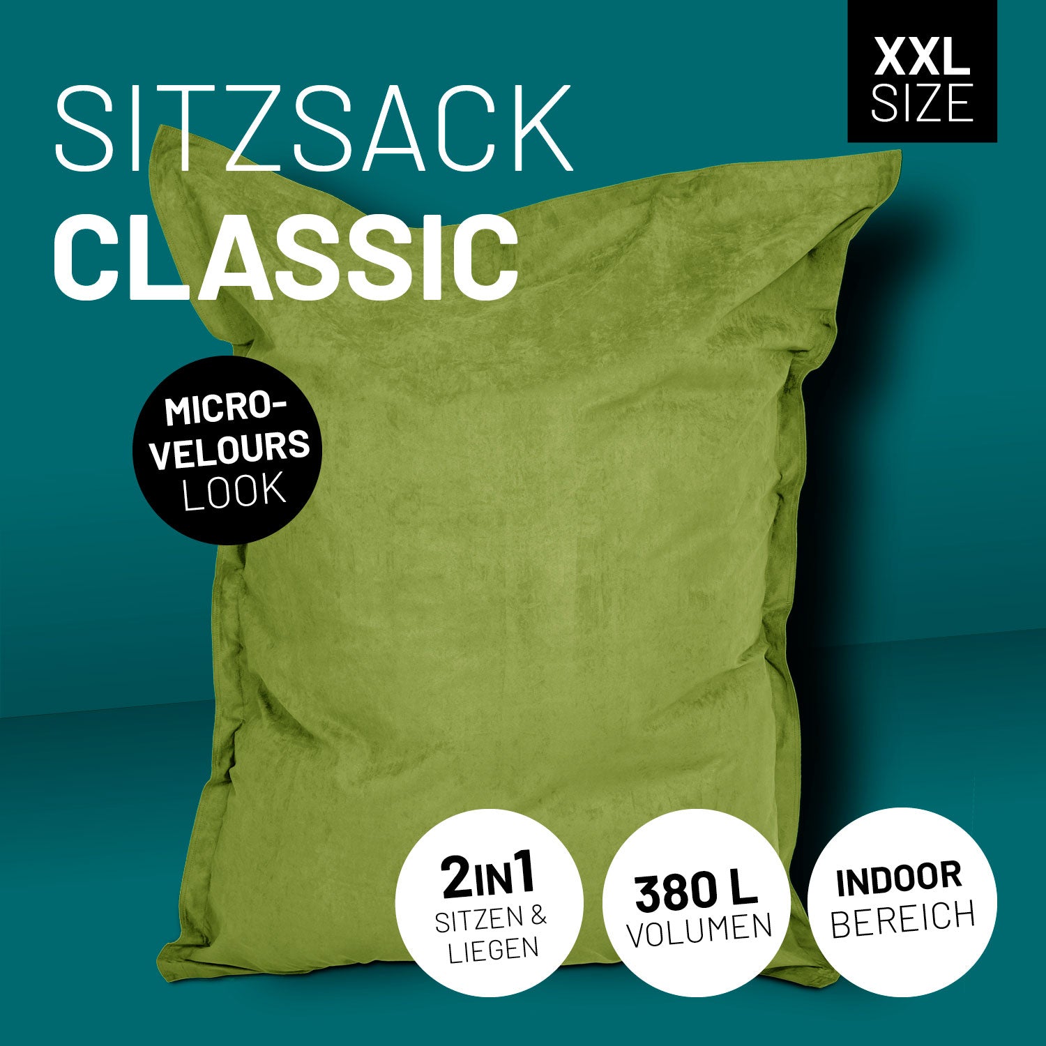XXL Microvelours Sitzsack (380 L) - indoor - Grün großer, bequemer Sitzsack für Wohnzimmer und Kinderzimmer mit wasserfestem Bezug.
