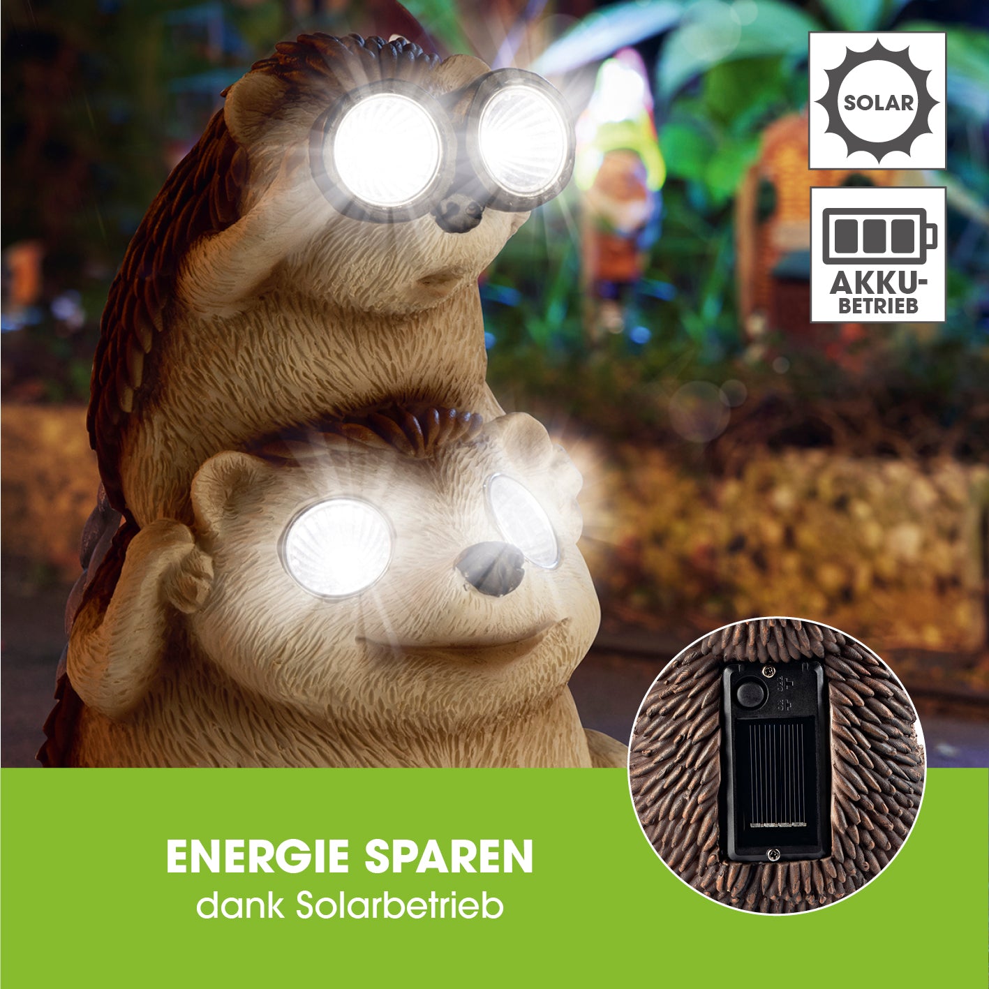 Solarlampe Igel mit Fernglas als dekorative Solar-Gartenleuchte mit 4 LEDs, solarbetrieben und mit Dämmerungssensor.