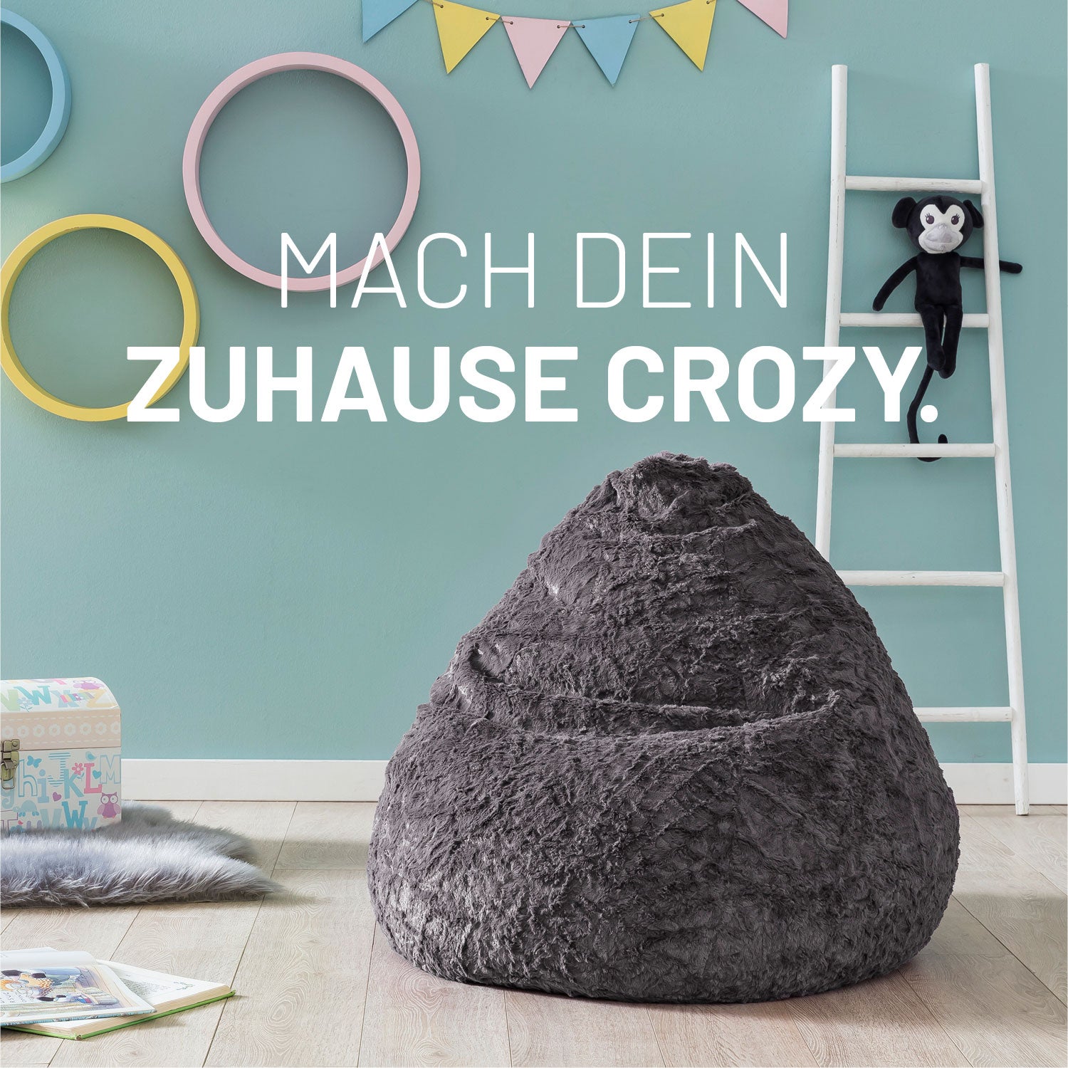 Luxury Fluffy Sitzsack (120 L) - Grau, weicher Webplüsch, geruchsneutral, anpassungsfähig, 120 Liter EPS-Füllung, modernes Sitzmöbel für drinnen.