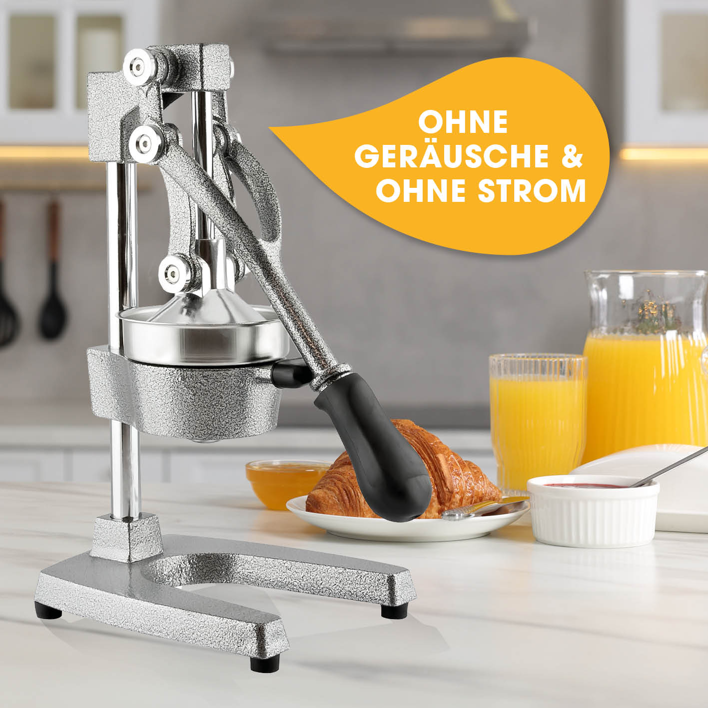 Manuelle Saftpresse - Silber mit kraftvoller Hebelwirkung, leise und stromlos für frischen Zitronen- und Orangensaft zu Hause.