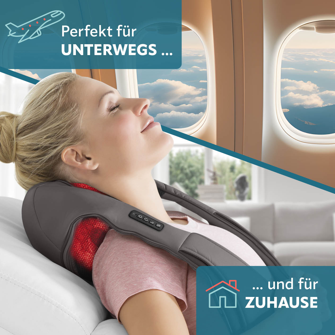 Frau entspannt mit Shiatsu-Massagegerät unterwegs im Flugzeug und Zuhause auf dem Sofa mit Wärmefunktion und Komfortbedienung.