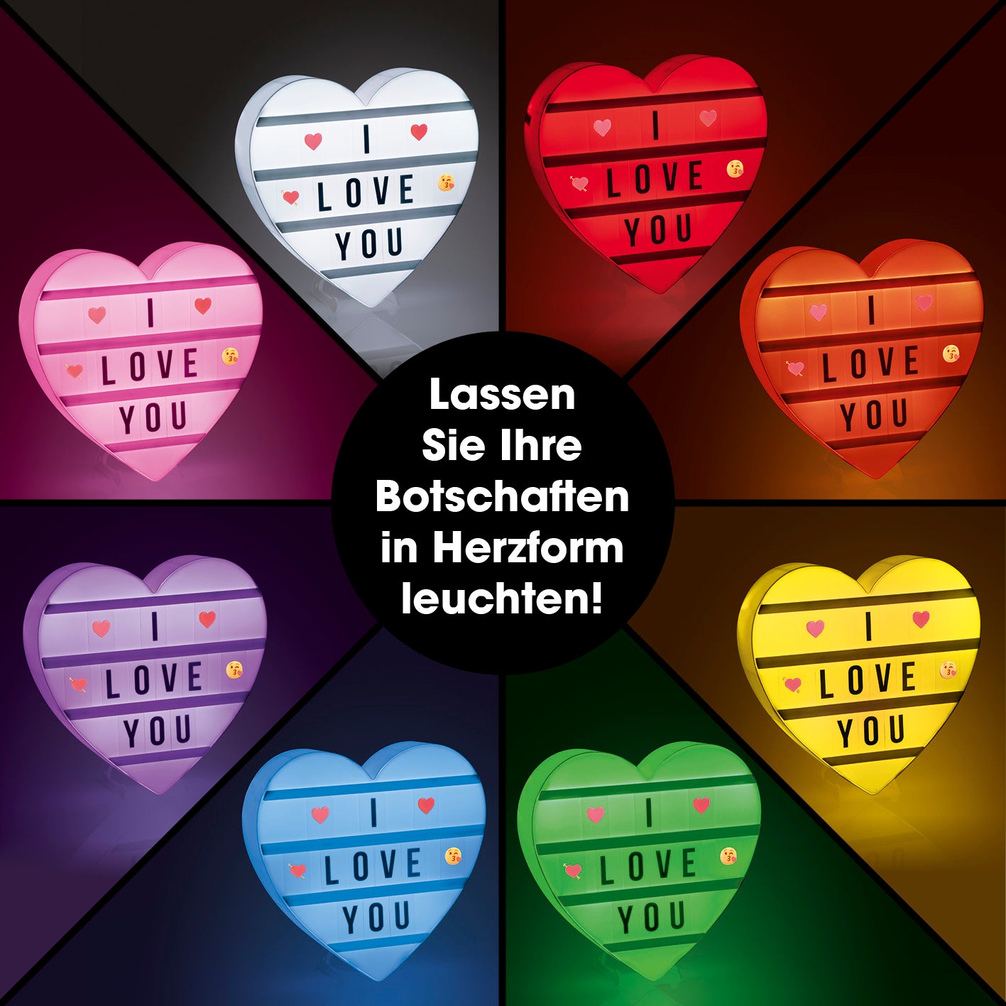 LED-Leuchtkasten Herz - 173 Buchstaben & 150 Moodjis