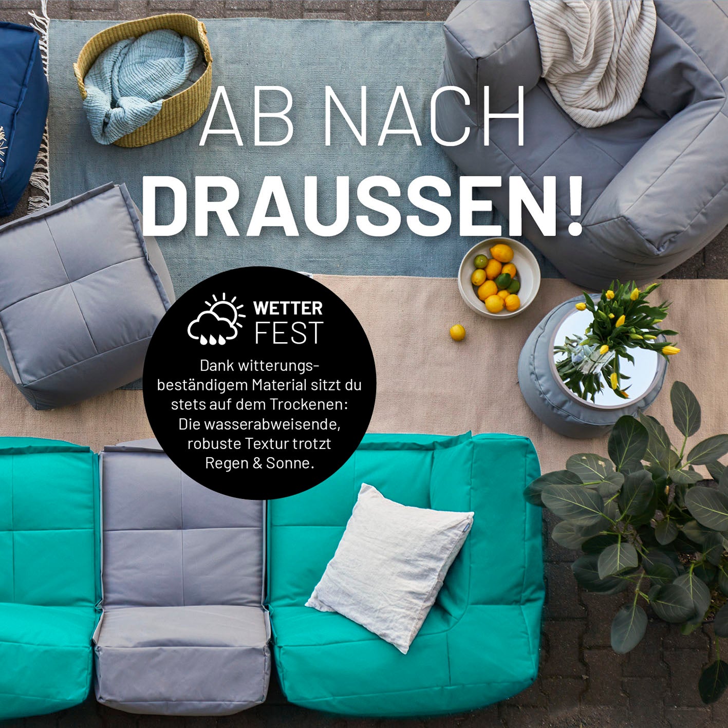 Sitzsack-Sofa Mittelstück (200 L) Türkis mit wetterfestem, abwischbarem Bezug für indoor & outdoor, modular und extrastark.