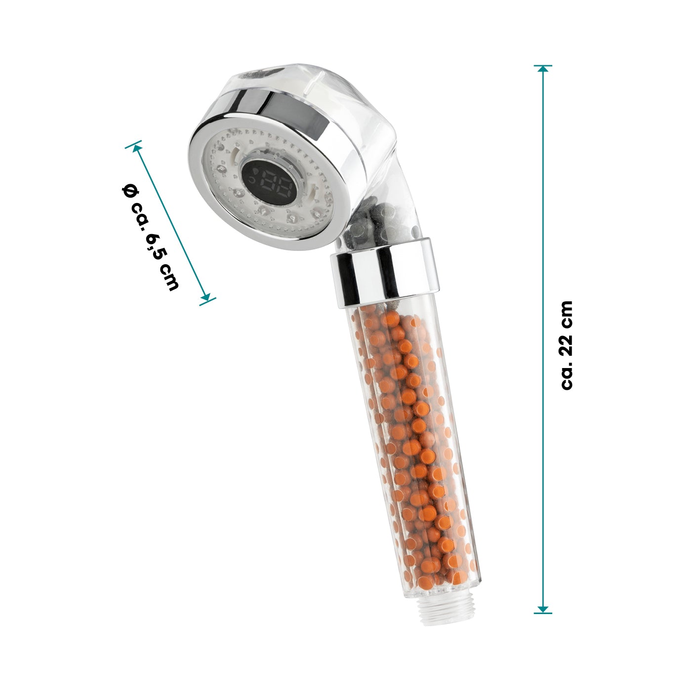 Duschkopf LED-Farbwechsel 6cm mit Mineralkugeln, Digitalanzeige der Temperatur und Farbwechsel zur Temperaturanzeige.