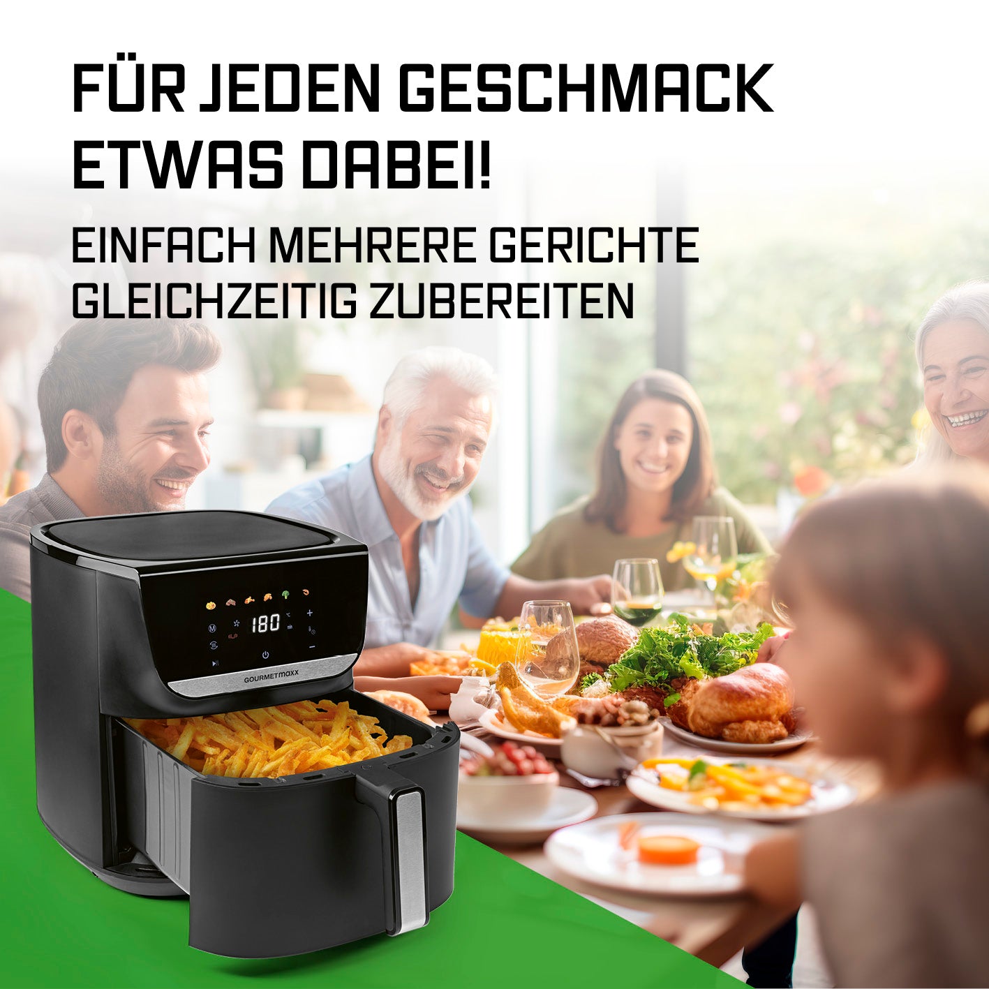 Heißluftfritteuse - 7,5 Liter mit LED-Touchdisplay, fettarm, 7 Funktionen für Familienessen und knusprige Pommes gleichzeitig.
