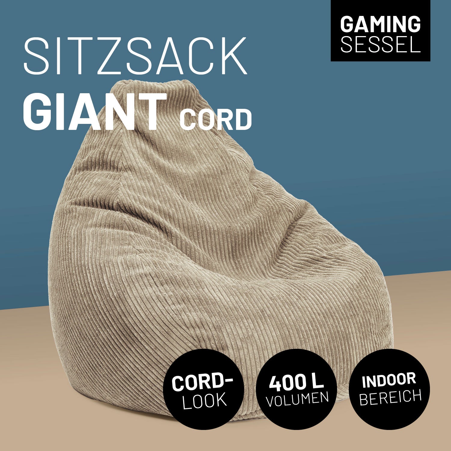 Sitzsack GIANT aus der Cord-Reihe - Beige, 400L Volumen, kuscheliger Sitzsack im Boho-Vintage-Look für modernen Indoorbereich.