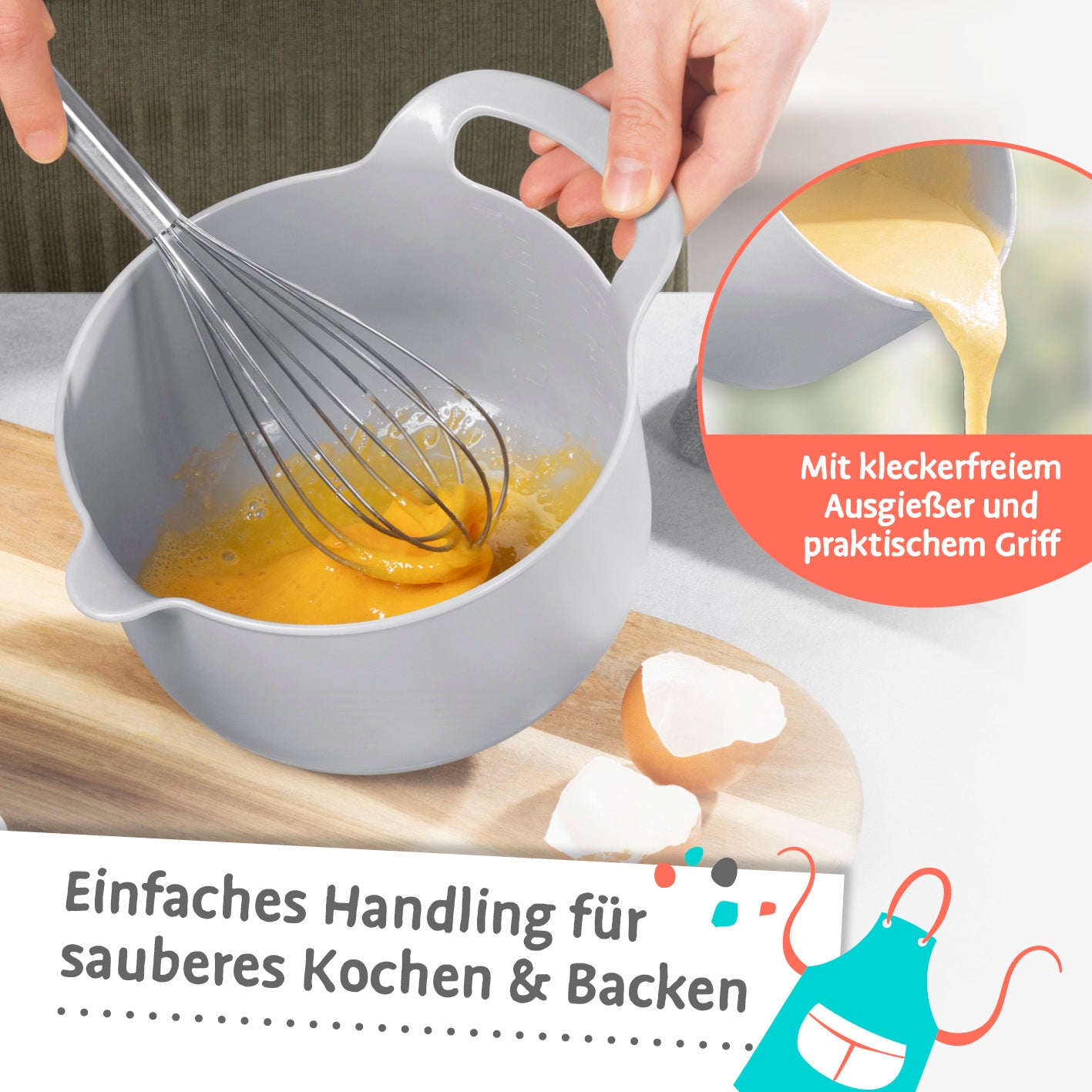 Schüssel-Set 4-tlg. mit kleckerfreiem Ausgießer, Griff und rutschfestem Boden für einfaches Mixen, Servieren und Reinigen.