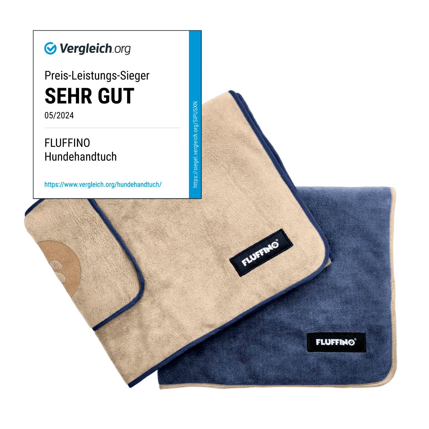 Hundehandtuch Mikrofaser – 2er-Pack - 90 x 50 cm - Beige & Blau