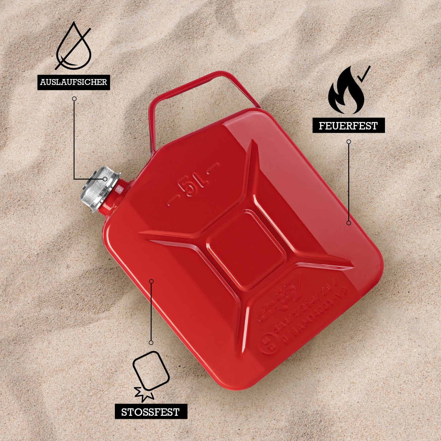 Kraftstoffkanister Metall mit Schraubverschluss - 5 Liter - Rot, auslaufsicher, feuerfest und stoßfest, robuste Metallverarbeitung.