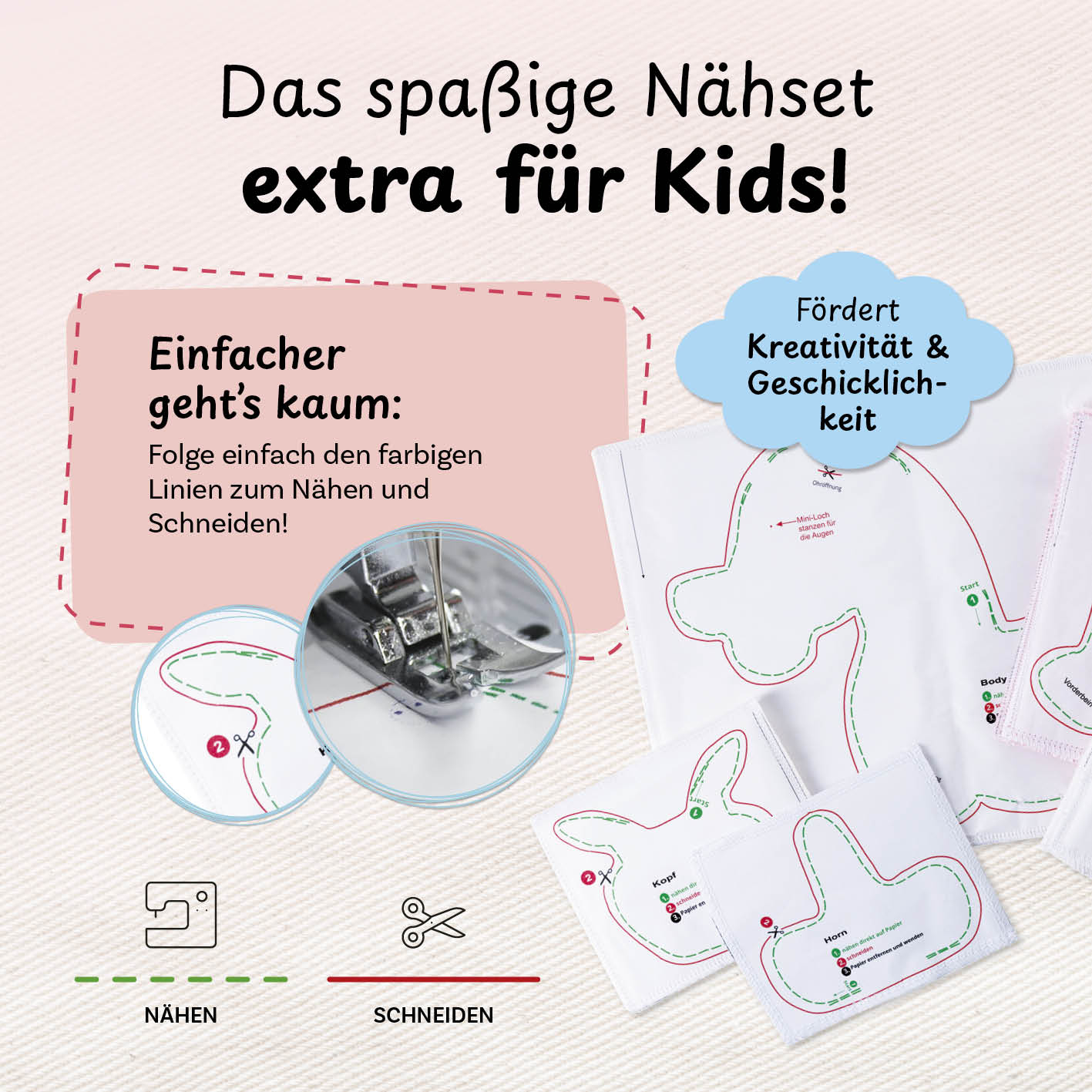 Näh-Baukastenset Motiv Einhorn Elly mit farbigen Linien für kinderleichtes Nähen und Schneiden, fördert Kreativität und Geschicklichkeit.