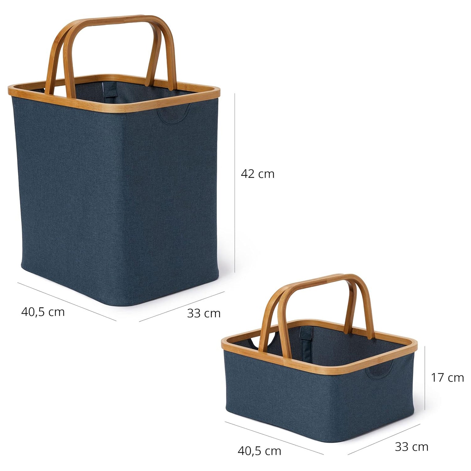 Bambus-Rahmen-Aufbewahrungskorb - 2er-Set in Blau, faltbar, mit Henkel und stabiler Bambusrahmen, praktische Größen 42 cm und 17 cm.