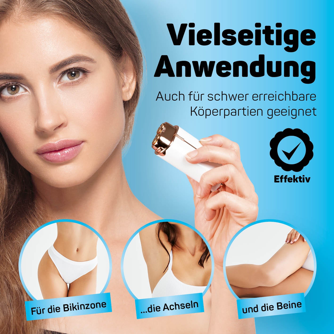 Mini-Damenrasierer für sanfte Haarentfernung an Bikinizone, Achseln und Beinen – vielseitig und kabellos.