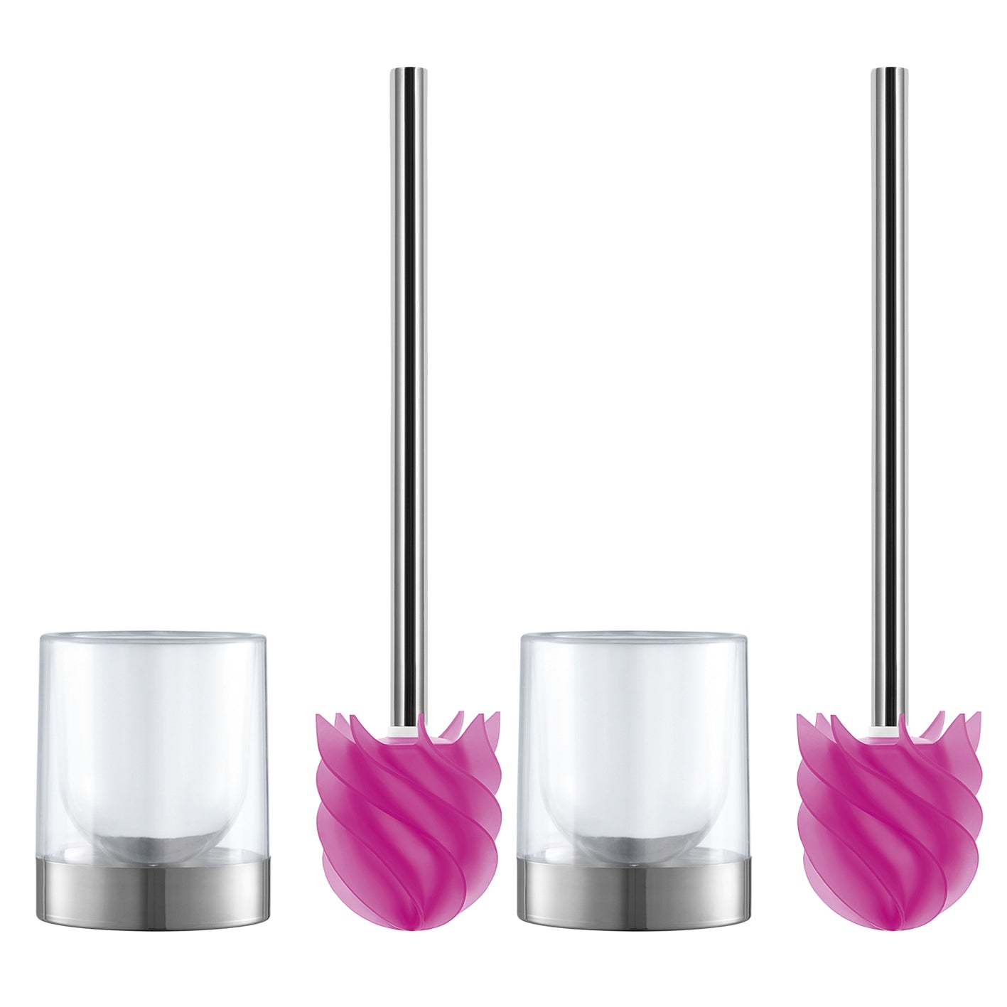 WC-Bürste Silikonkopf Edelstahl/pink mit transparentem Edelstahl-Bürstenhalter, 2er-Set, borstenlose hygienische Reinigung.