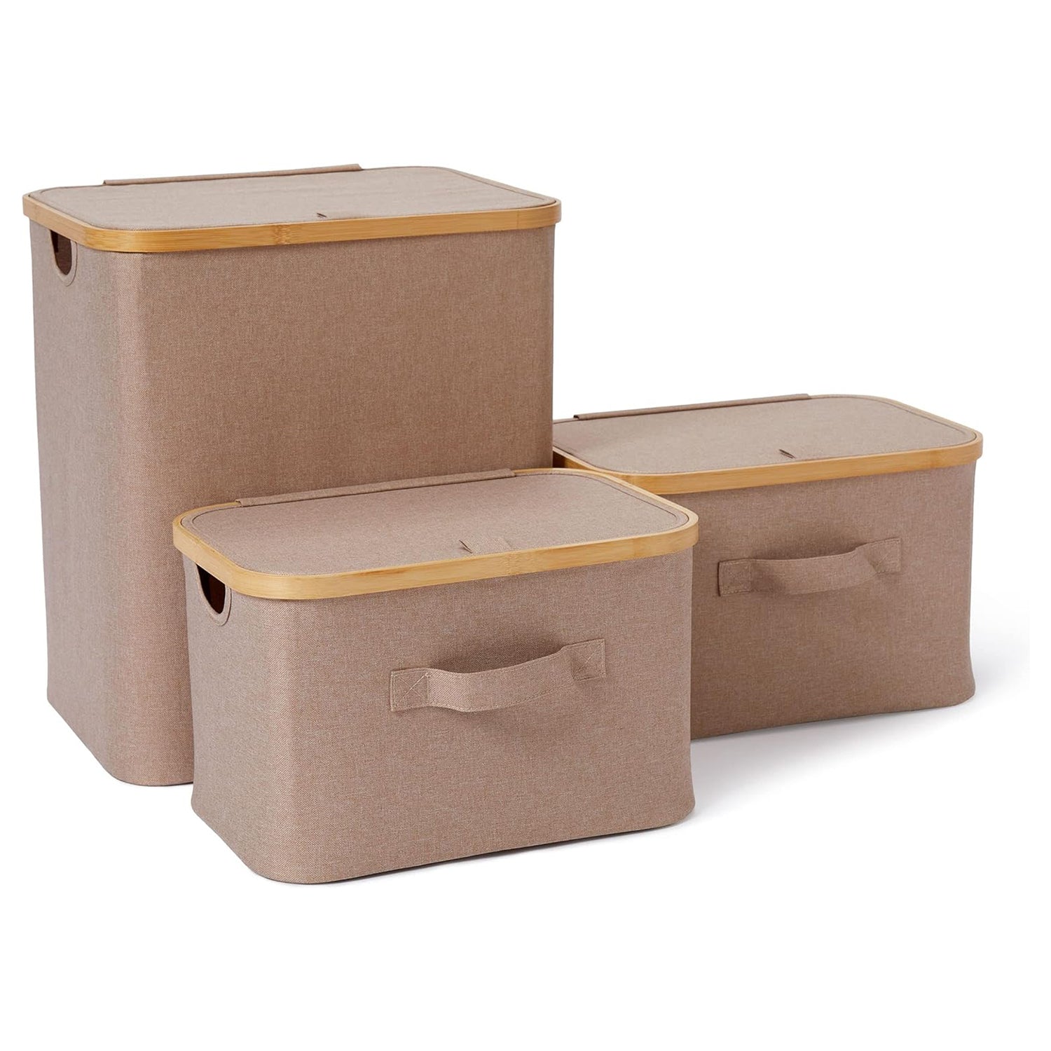 Aufbewahrungsbox mit Bambus-Rahmen - 3er-Set in Taupe, faltbar, mit Deckel und stabilen Griffen für vielseitige Aufbewahrung.