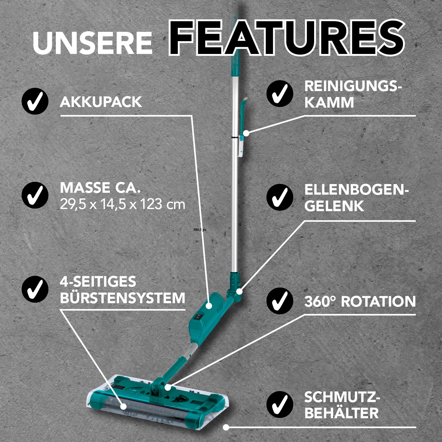 Akku-Besen Swivel Sweeper G2 + Ersatz-Akku mit 360° Rotation, Ellenbogengelenk, 4-seitigem Bürstensystem und kabellosem Akkupack.