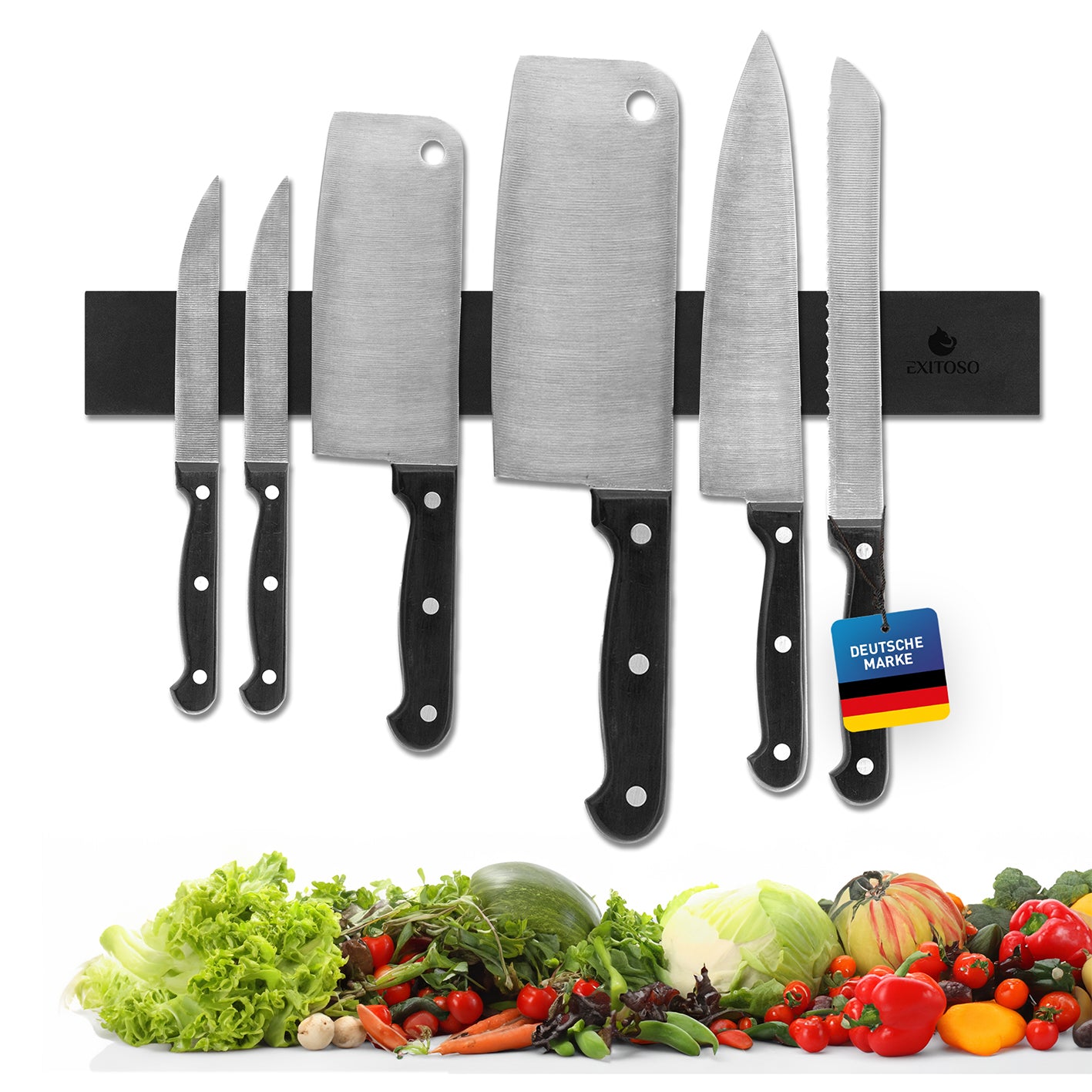 Messer-Magnetleiste - selbstklebend - 40 cm aus schwarzem Silikon mit starkem Magnet für Messer und Küchenwerkzeuge.