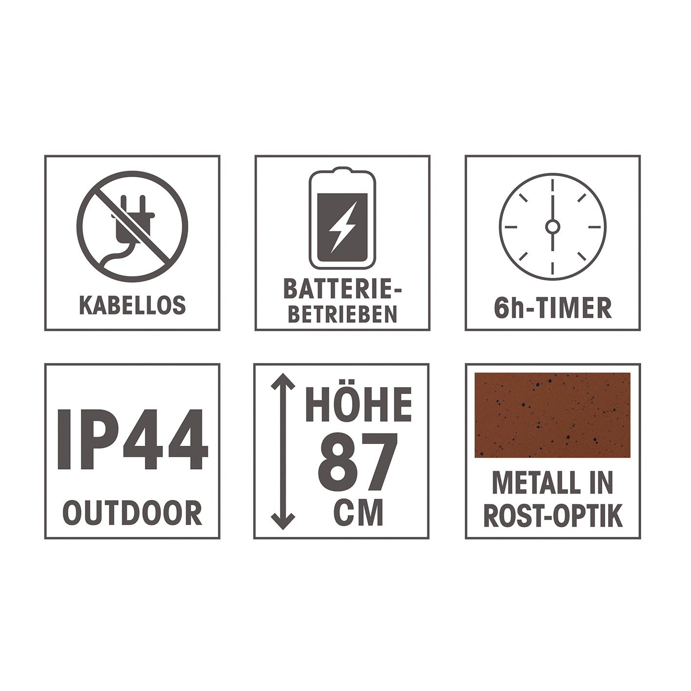 LED-Dekosäule mit Planzschale Rost-Optik "Bauernrose" 87 cm, kabellos, batteriebetrieben, 6h-Timer, IP44, Metall in Rost-Optik.