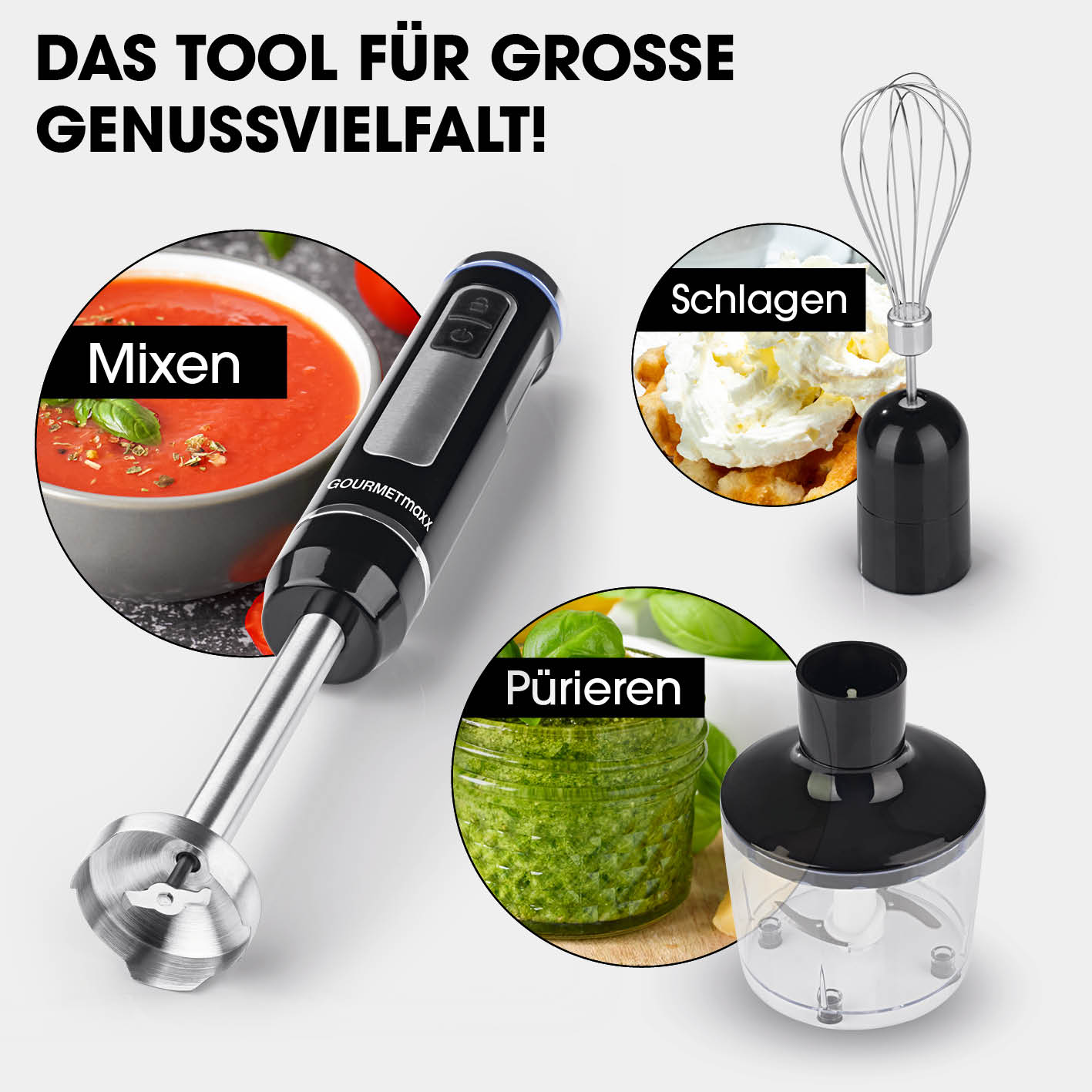 Akku-Stabmixer mit XL-Zubehör-Set von GOURMETmaxx zum Mixen, Pürieren und Schlagen mit verschiedenen Aufsätzen.