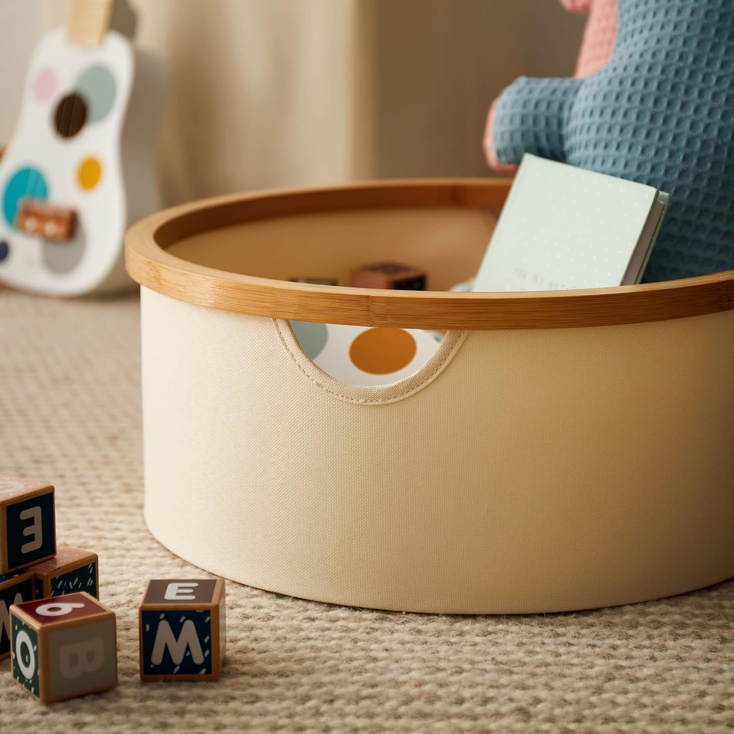 Bambus-Rahmen Aufbewahrungsbox rund - 3er-Set - Grau/Braun, runde Aufbewahrungsbox mit Bambusrahmen und praktischer Größe.