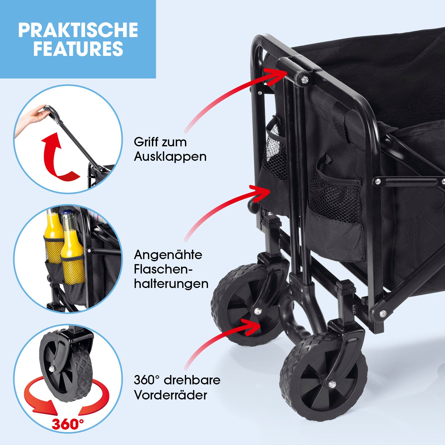 Bollerwagen mit kleinen Rädern - faltbar mit stabilem Stahlrahmen, 360° drehbaren Vorderrädern und praktischem Ausklappgriff.