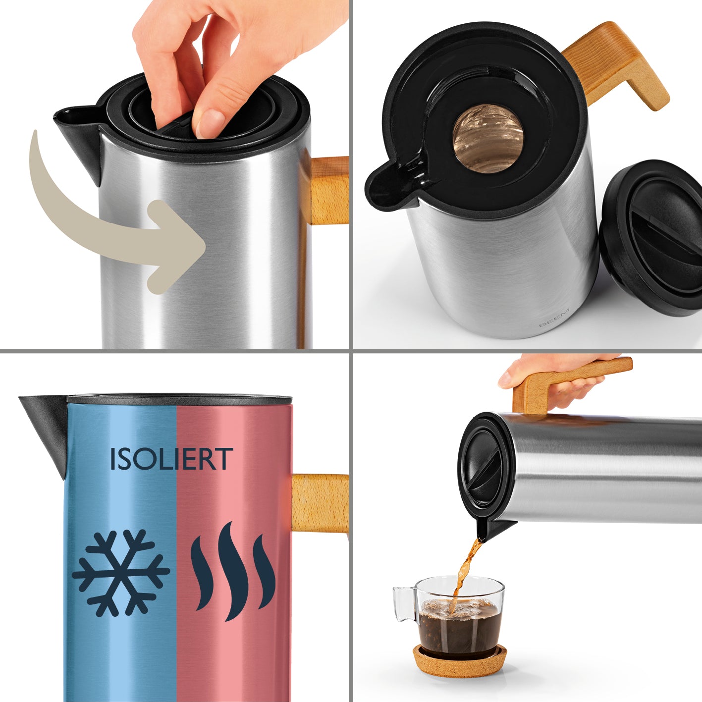 Isolierkanne - 1 L mit auslaufsicherem Deckel, Holzgriff, doppelwandiger Isolierschicht hält Getränke bis zu 12 Stunden heiß oder kalt.