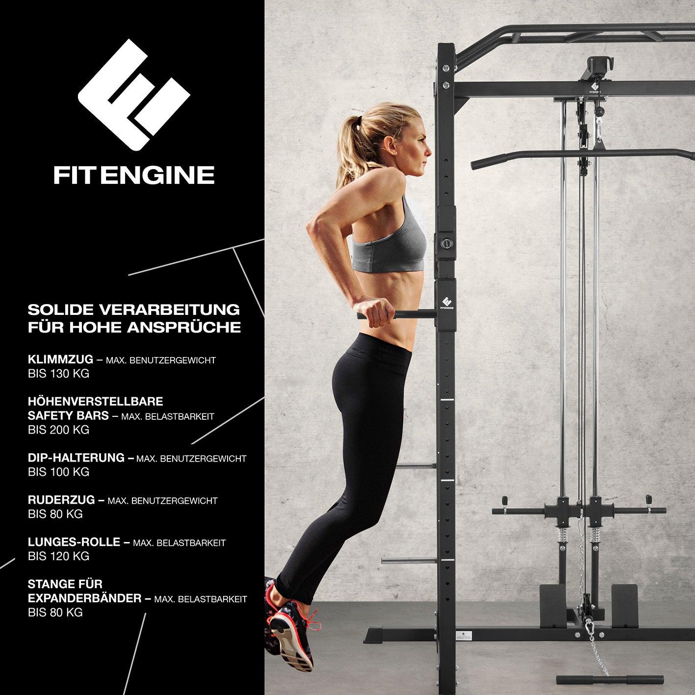 Power Rack mit Latzug, Kabelzug, Klimmzugstange, 28-fach einstellbare Spotter und 2 Safety Bars für sicheres Langhanteltraining.