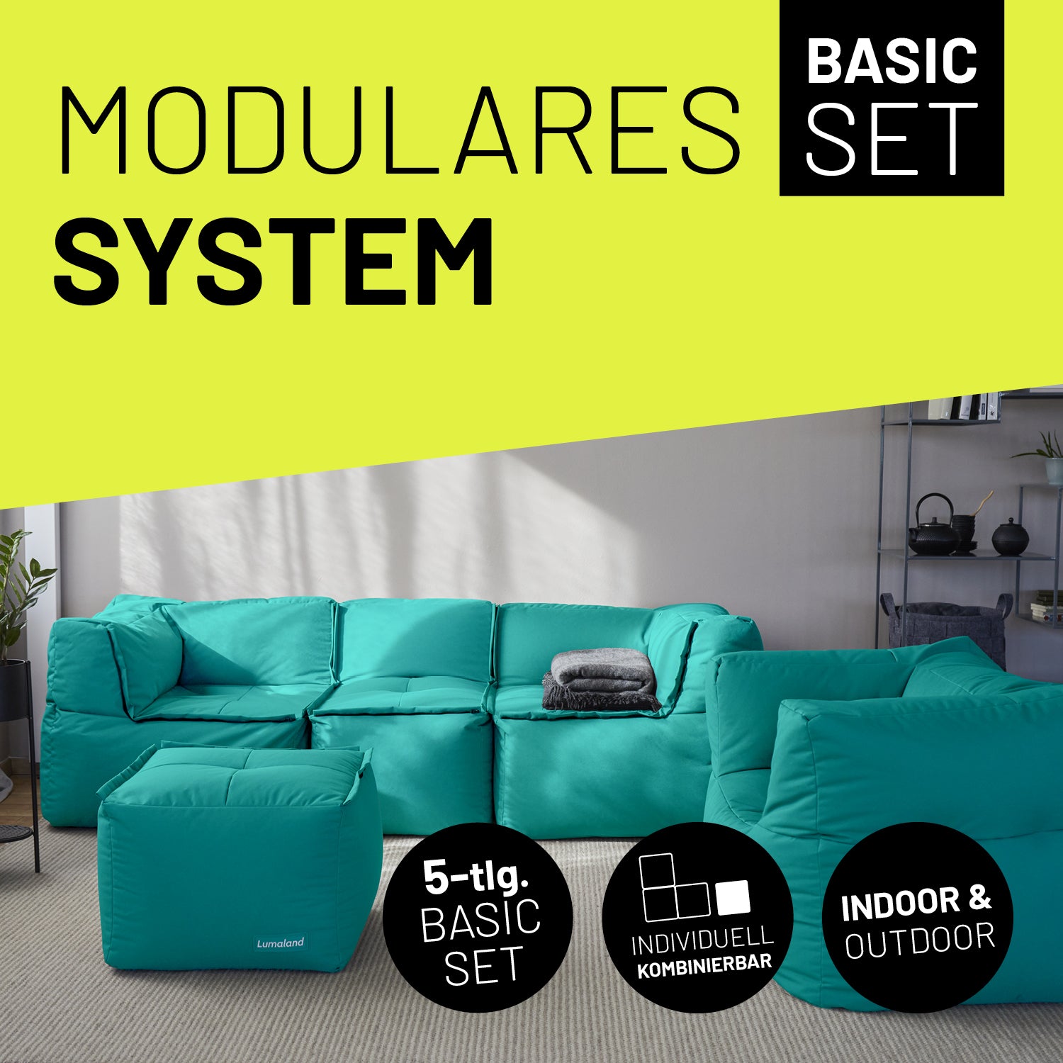 Basic Set (5-tlg.) - Modulares System Türkis, 1390 L Volumen, In- & Outdoor, Mix-&-Fix-Reißverschluss, pflegeleicht, EPS-Füllung, extrastark